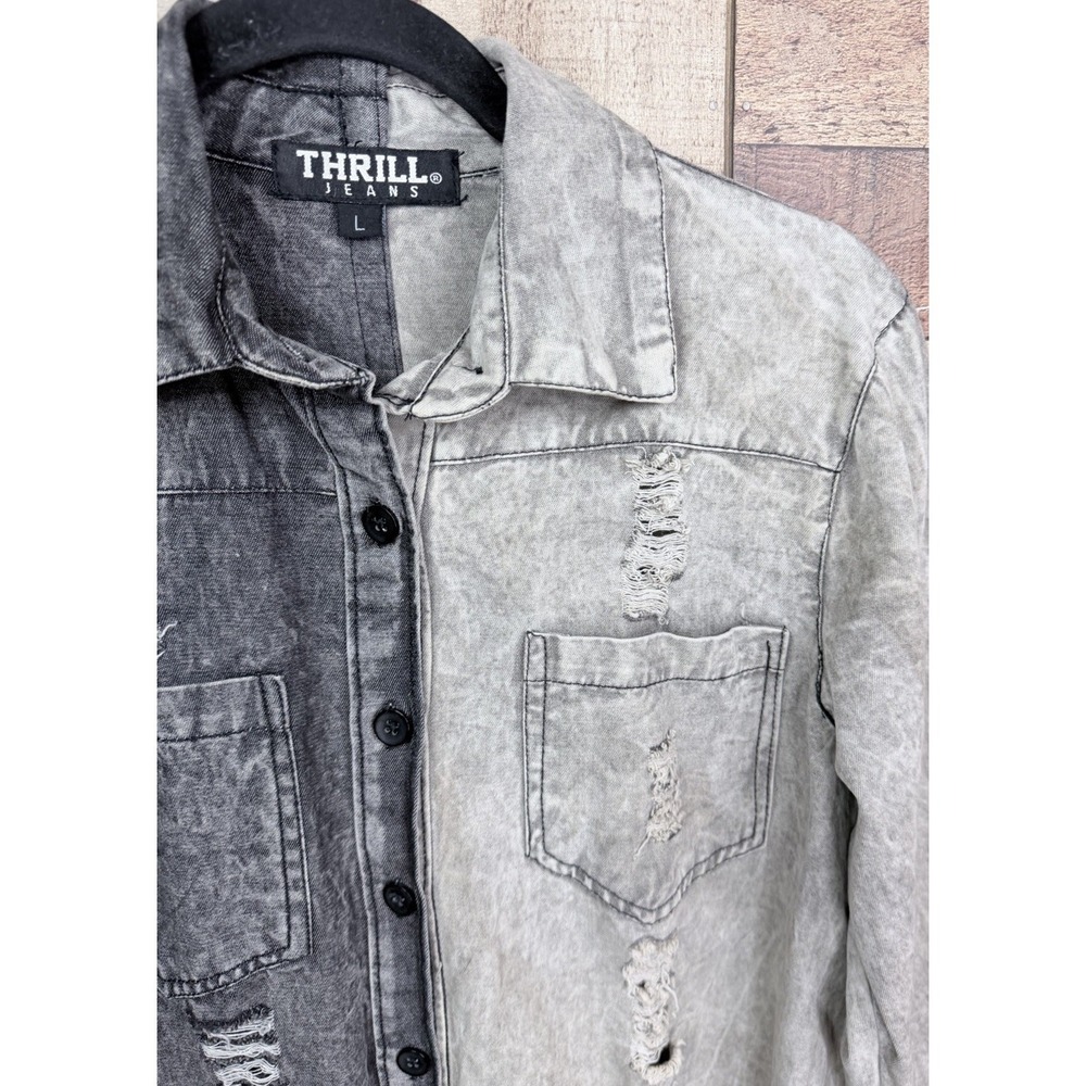 Thrill Jeans Distressed Split Large Denim Shirt Acid Wash Raw Hem Grunge Y2K - Picture 3 of 12